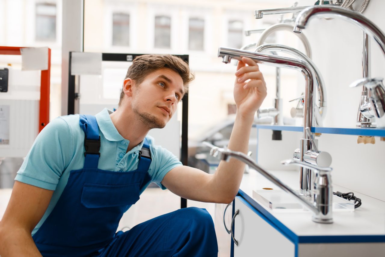 Plumber inspecting modern chrome faucet in showroom